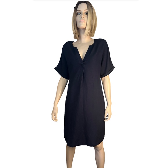 Paradis Linen & Rayon Dress Tunic Style Short sleeve Hip Pockets Versatile Navy - Picture 7 of 16